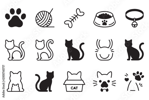 Vector illustration of various cat silhouettes and pet care icons for graphic design