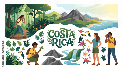 Costa Rica travel collage featuring rainforest wildlife, volcanic landscapes, coastal scenery, and eco-tourism activities in a flat vector illustration style