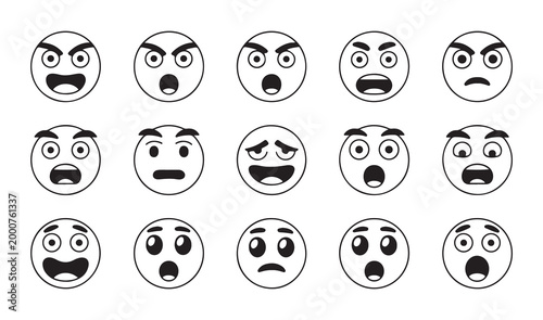 Shocked emoji face collection line art icons variety of surprised and scared facial expressions set vector.