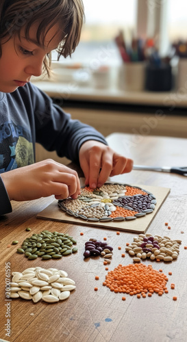 Child creates a colorful mosaic artwork using various dried beans, lentils, and seeds on a wooden board at a table.