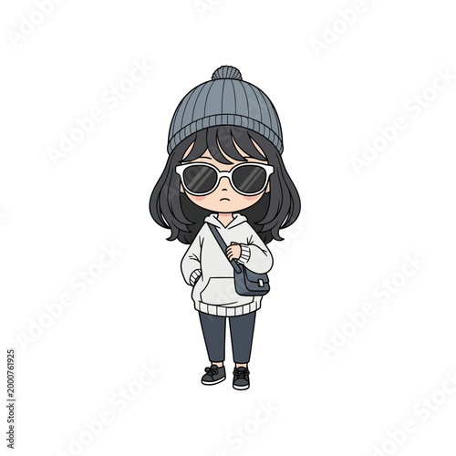 Cartoon girl wearing sunglasses and hat.