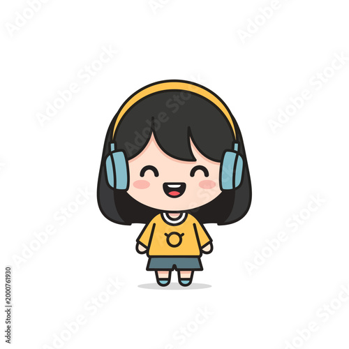 Cartoon girl wearing headphones smiling.