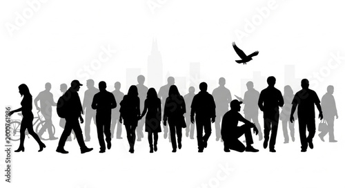 Silhouette of people walking city.