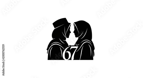 Silhouette of two women facing each other with the number 67 in the middle.