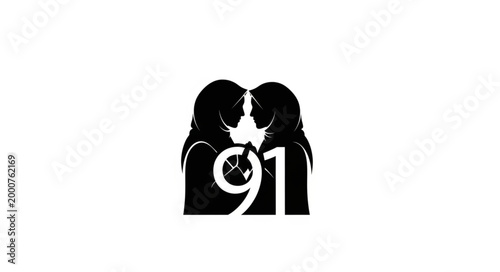 Silhouette of two women facing each other with the number 91 in the middle.
