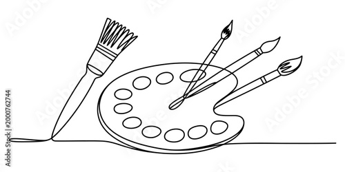 Continuous single line drawing of an artist paint palette with multiple brushes for creative painting projects and school art supplies illustration
