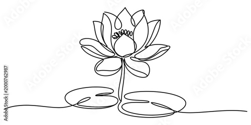 Continuous single line drawing of a beautiful lotus flower blooming with lily pads in a simple minimalist style for meditation and yoga design