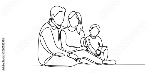 Happy family with mother father and little child drawn in a continuous single line art style showing love and togetherness in a simple modern drawing