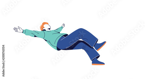Relaxed man in casual clothing floating or falling freely through the air against a clean and minimal white background.