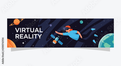 Wide banner for virtual reality showing a person wearing a headset and floating in space among planets and satellites.