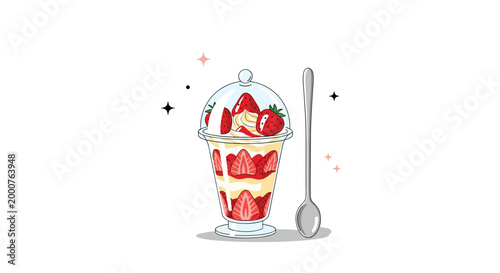Luscious strawberry parfait with layers of cream and fresh fruit is served in a tall glass next to a long silver spoon.
