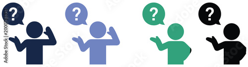 People raising hand ask question icon set, student classroom question mark symbols, clean minimal vector style for education, discussion, school learning, teacher interaction, and online course design