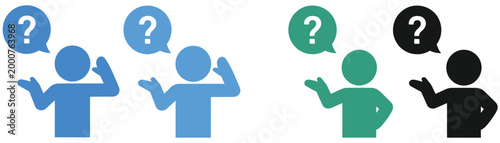 Student question icon collection, people raising hand with question mark symbols, classroom discussion and learning icons, simple modern vector design for education platforms and e-learning interfaces