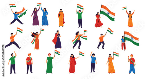 Large group of diverse people in traditional Indian attire proudly wave national flags to celebrate independence and unity.