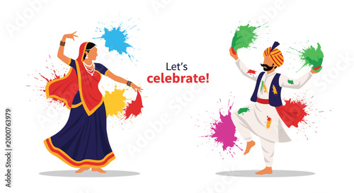 Let us celebrate text is placed between two traditional Indian dancers performing amidst vibrant splashes of Holi powder.