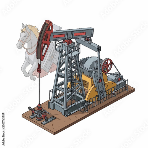 Oil pump jack and carousel horse illustration.