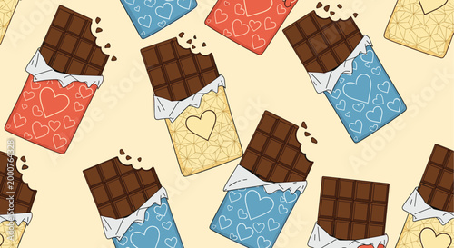 Sweet seamless pattern displays partially eaten chocolate bars wrapped in colorful paper with heart and geometric designs.
