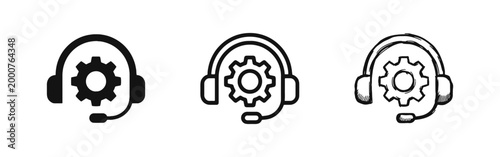 Technical support and customer service icon set, headset with gear symbol
