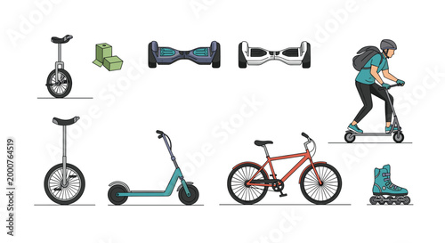 Variety of personal electric and manual transportation devices like scooters, bicycles, and hoverboards are shown together.