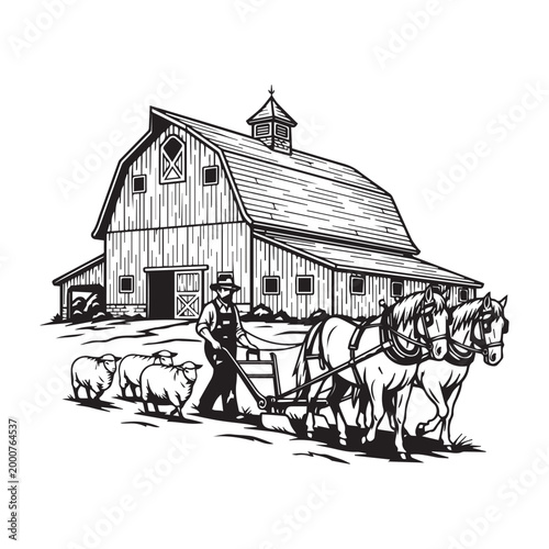 Farmer herding sheep with horses and plow