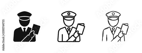 Border control and security officer icon set, man in uniform holding a passport