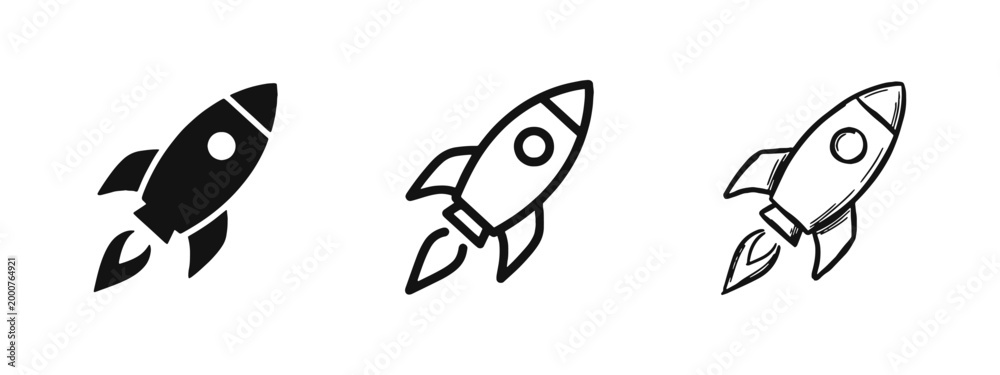 Obraz premium Rocket launch and startup icon set, space shuttle symbol for business growth