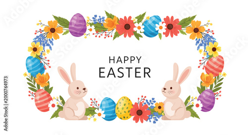 Happy Easter greeting card design features cute rabbits sitting among a variety of colorful spring flowers and decorated eggs on white.
