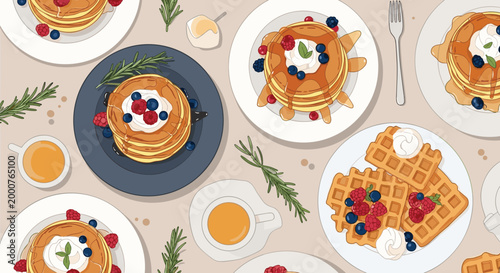Top view of a breakfast table shows several plates of fluffy pancakes and waffles topped with fresh berries and sweet whipped cream.