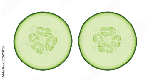 Pair of fresh green cucumber slices showing internal seeds and crisp texture are isolated on a plain white background for food design.