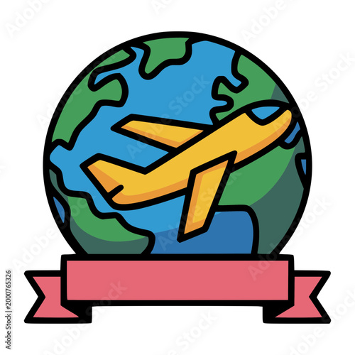 Global Aviation Adventure: An illustration of a plane circling around a globe, depicting global travel and adventure with a colorful ribbon beneath.