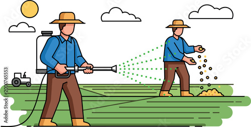 Asian farmers working in rice field spraying pesticides and sowing seeds, traditional agriculture, rural farming scene, cad drawing flat vector illustration.