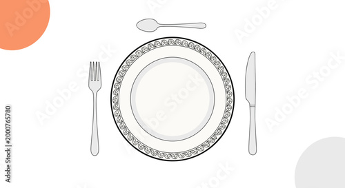 Formal table setting displays a decorative white plate with a fork, knife, and spoon arranged correctly for a meal on a white background.