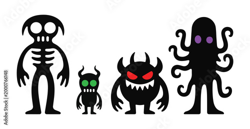 Set of silhouettes of strange mysterious monsters and weird fantasy creatures on white background.