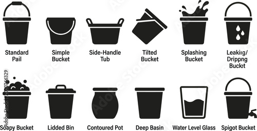 Collection of various black silhouette bucket icons, depicting different types of pails, some with handles, some full of liquid, foam, or spilling, in a clean graphic style
