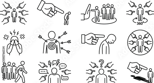 Twelve minimalist line art icons illustrating concepts of blame, shame, social exclusion, and emotional distress, rendered in a clean, graphic style with strong visual impact