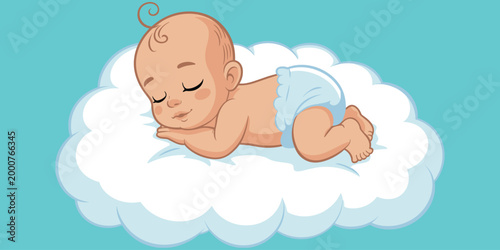 Baby silhouette sleeping peacefully on fluffy cloud with light blue background, innocence and calm dream concept artwork, flat vector illustration