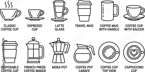 Collection of various coffee cups, mugs, glasses, and coffee makers presented as black line art icons on a clean surface.
