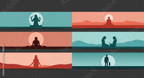Photos Silhouettes of people in meditative poses against a sunset backdrop