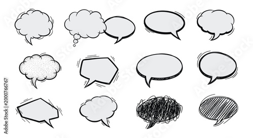 Collection of various hand drawn speech and thought bubbles with different styles including scribble, dot, and line on white.