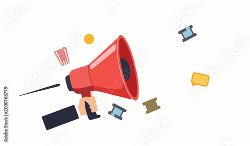 Director holding red megaphone cartoon vector with cinema symbols for entertainment poster design