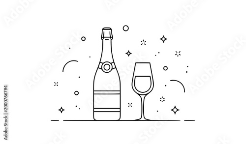Champagne bottle and glass line vector with festive decorations for holiday celebration design