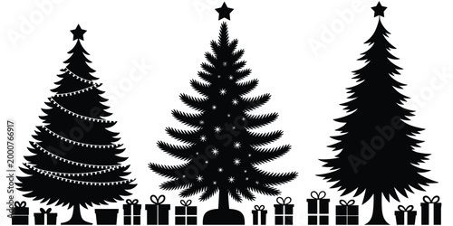 Stylized Christmas tree silhouettes with stars and gift boxes, festive holiday decoration artwork, seasonal celebration design concept, flat vector illustration