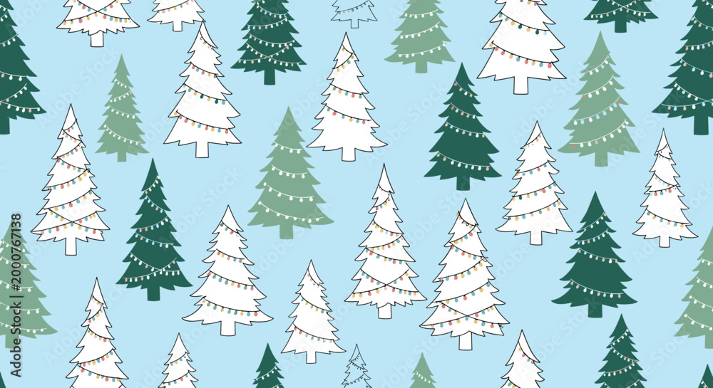 Fototapeta premium Seamless pattern of stylized Christmas trees in green and white decorated with colorful light strings on a light blue background.