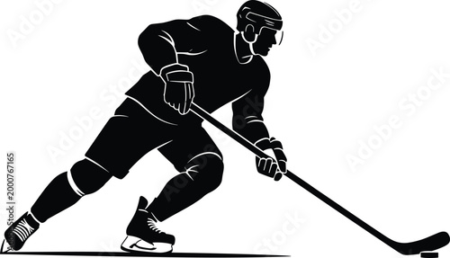 Ice hockey player silhouette skating forward with stick, puck control, helmet visor, gloves, protective gear, dynamic sports action illustration