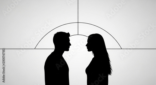 Silhouettes of a man and woman facing each other against a backdrop with geometric lines.