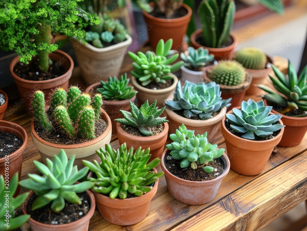 Fototapeta premium A Collection of Various Succulent Plants in Clay Pots Outdoors