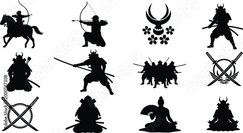 Samurai silhouettes, warrior on horseback, archer bow, crest emblem, sword fighters, seated samurai, cultural tradition, martial arts discipline illustration