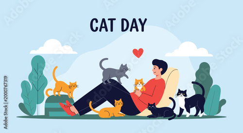 Illustration for Cat Day showing a man relaxing on a sofa surrounded by several cats in various colors and poses in a garden.