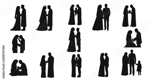 Silhouettes of couples in love, wedding and family moments.