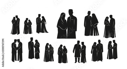 Silhouettes of couples in traditional attire, celebrating weddings and love.